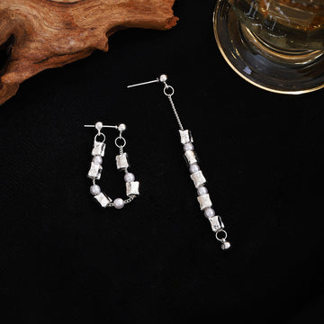 White Square Bead Two Way Long Jacket Stud Earrings