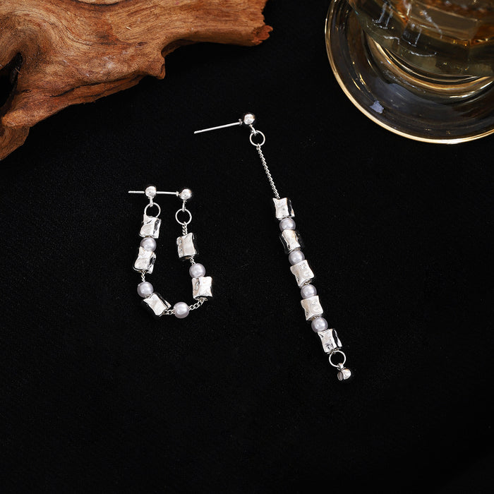White Square Bead Two Way Long Jacket Stud Earrings