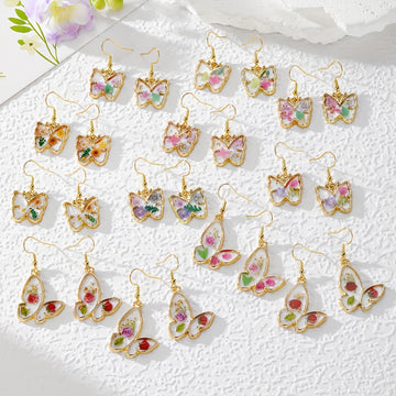 Gold Tone Pressed Flower Butterfly Drop Earrings in Twelve Designs