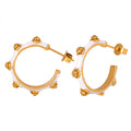 White Enamel C Hoop Earrings Gold Floral Bead Accents view 5