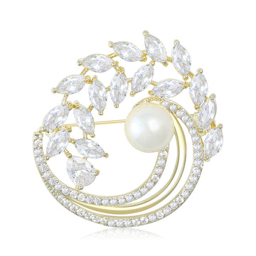 Crystal Leaf Wreath Brooch With Pearl Center in Three Metal Tones