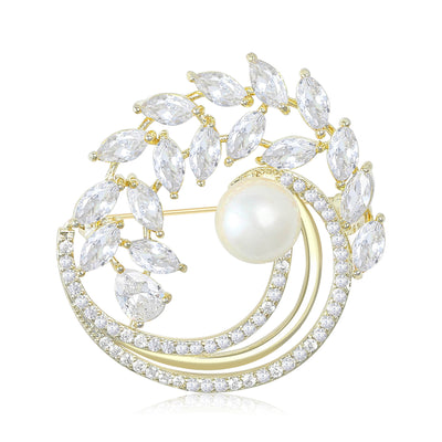 Crystal Leaf Wreath Brooch With Pearl Center shown from the front on a white background