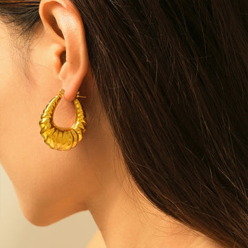 Gold U-Shape Ribbed Hoop Earrings Titanium Steel Pair