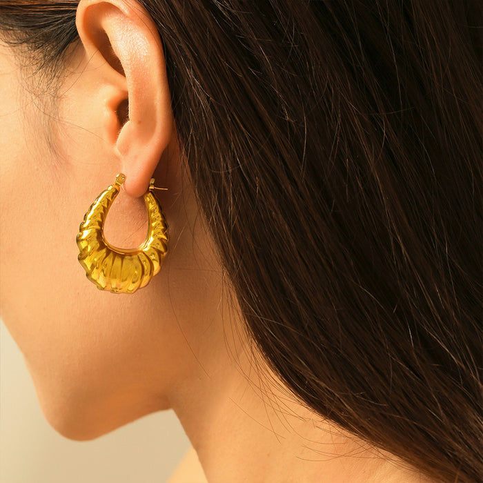 Gold U-Shape Ribbed Hoop Earrings Titanium Steel Pair