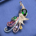 Colorful Peacock Brooch with Green Crystal Body and Curled Tail view 1