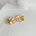 Rose Gold Cream Enamel Flower Green Leaf Stud Earrings view 3