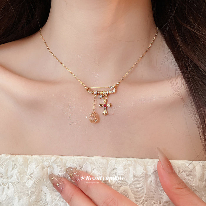 Paperclip Chain Cross and Pearl Pendant Necklace Fashion Jewelry