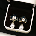 Navy and White Flower Pearl Look Teardrop Earrings view 4