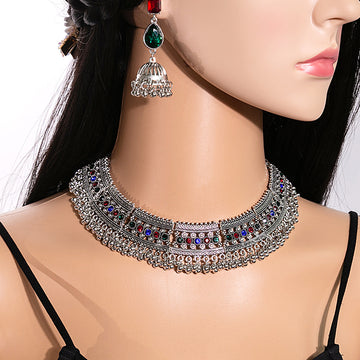 Ornate Silver Tone Jhumka Necklace and Earring Jewelry Sets