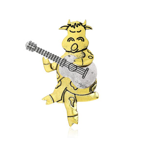 Enamel Alloy Cartoon Cow Playing Guitar Brooch, Two Metal Tones