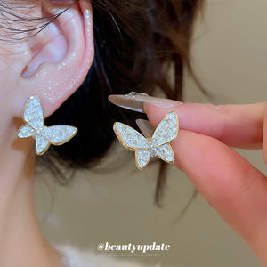 White Crystal Butterfly Stud Earrings with Distinctive Textured Details