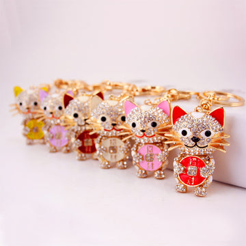 Rhinestone Lucky Cat Keychain With Split Ring And Clasp