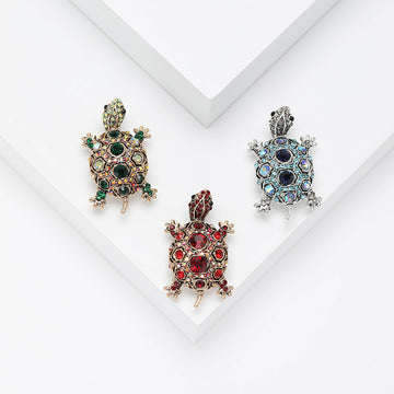 Compact Jeweled Turtle Brooch in Red Blue or Green
