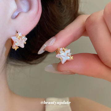 Pink Star and Pearl Gold Tone Huggie Hoop Earrings