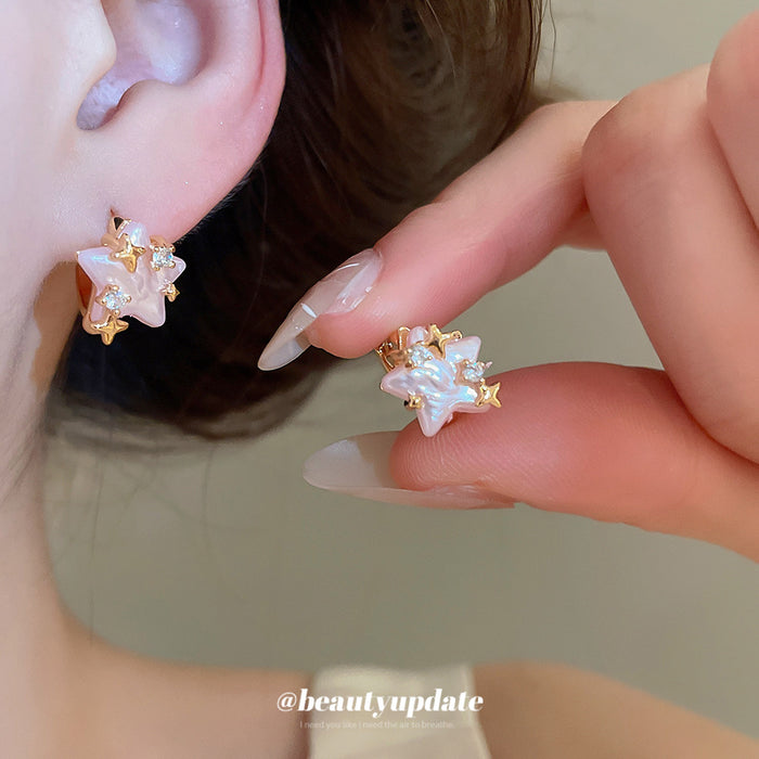 Pink Star and Pearl Gold Tone Huggie Hoop Earrings