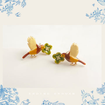 Gold Tone Brown Bird Green Flower Painted Stud Earrings