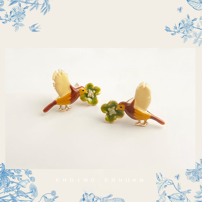Gold Tone Brown Bird Green Flower Painted Stud Earrings