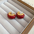 Gold Tone and Red Resin Chunky C Stud Earrings Jewelry Pair view 6