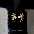Gold Tone Clear Stone Branch And White Pearl Stud Earrings view 4