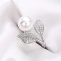 White Gold Pearl Twin Leaf Pavé Bypass Ring Metal Alloy view 1