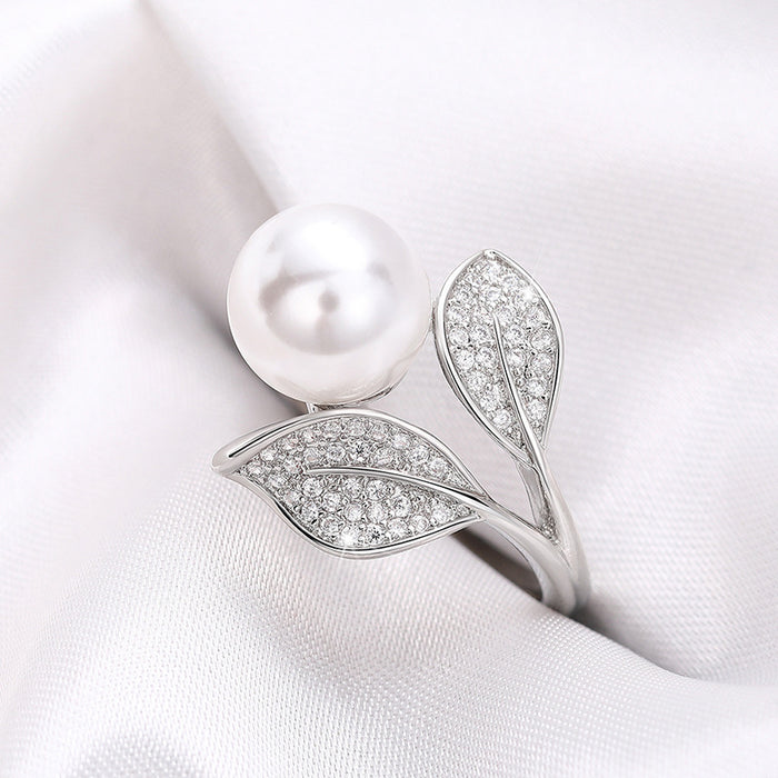 White Gold Pearl Twin Leaf Pavé Bypass Ring Metal Alloy