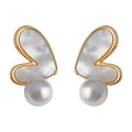 White Mother-Of-Pearl Heart Gold Frame Pearl Stud Earrings view 5