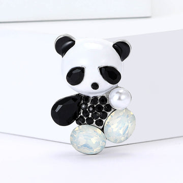 Enamel Panda Brooch Pearl Black Stones White Finish