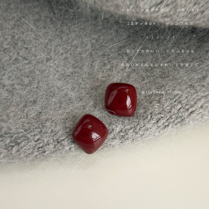 Burgundy Enamel Geometric Cushion Stud Earrings Glossy Finish