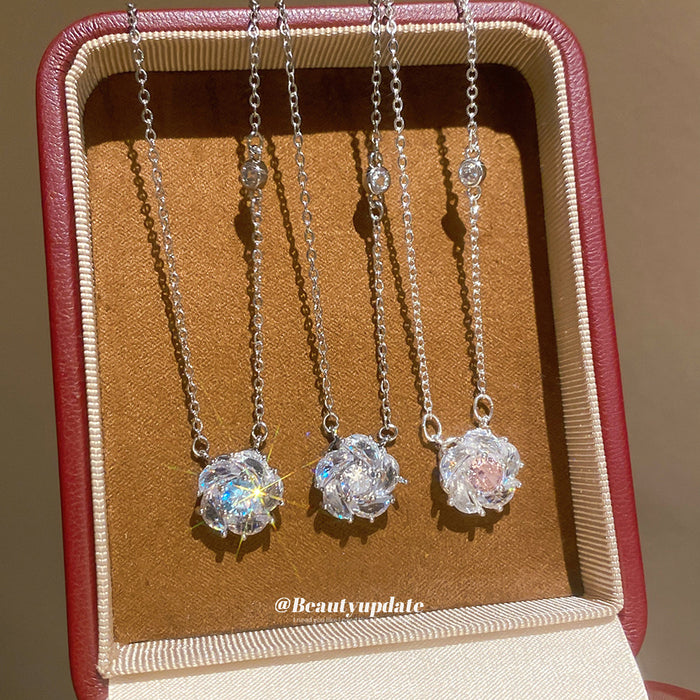 Round Floral Crystal Pendant Necklaces in Three Colors
