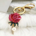 Rhinestone Rose Keychain Metal Pearl Drop Flower Bag Charm view 2