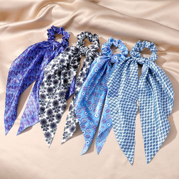 Printed Satin Evil Eye Scarf Scrunchie Hair Ties with Long Tails