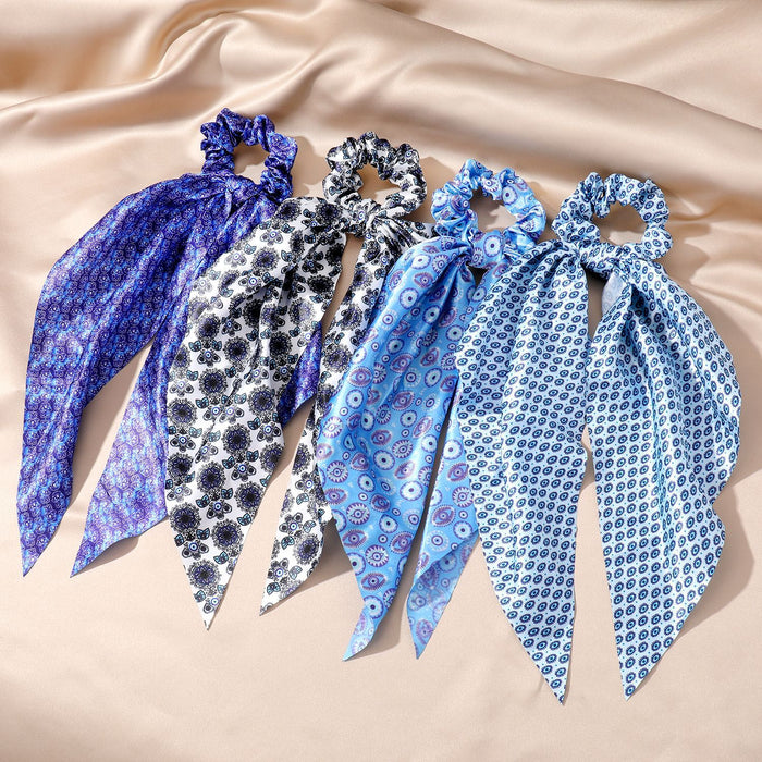 Printed Satin Evil Eye Scarf Scrunchie Hair Ties with Long Tails