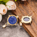 Blue Disc and Pearl Gold Tone Drop Earrings Polished Jewelry Accessory view 3