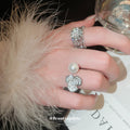 Silver Tone Pearl Like Flower Cluster Ring And Clear Crystal Leaf Ring view 1