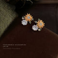 Gold Orange Enamel Sunflower Stud Earrings Crystal Drop view 3
