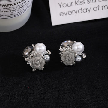Gray Rose and Pearl Look Cluster Statement Stud Earrings