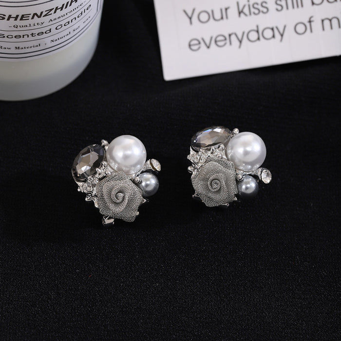 Gray Rose and Pearl Look Cluster Statement Stud Earrings