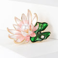 Pink Enamel Lotus Flower Brooch With Green Leaves Jacket and Scarf Accessory view 2