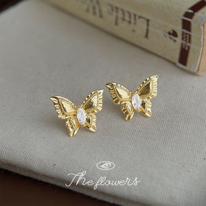 Gold-Tone Textured Butterfly Stud Earrings Clear Marquise