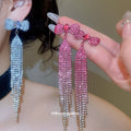 Crystal Bow Fringe Earrings in Pink and Blue with Crystal Accents view 2
