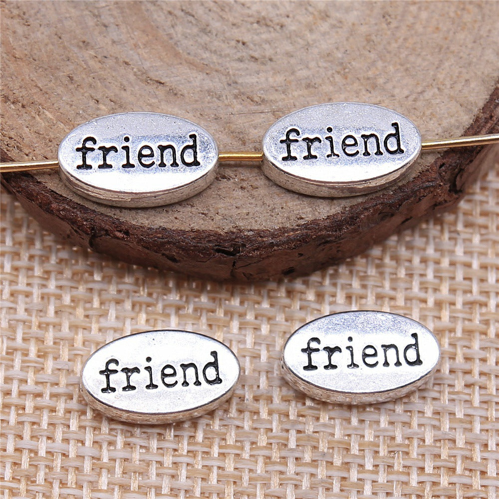 13x8x3mm 1.7g Antique Silver Zinc Alloy Oval FRIEND Loose Metal Round Letter Double Sided Beads for Bracelet Jewelry Mak
