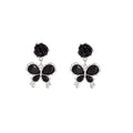 Black Rose and Butterfly Silver Tone Dangle Stud Earrings view 5