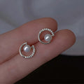 Crystal Crescent Stud Earrings with White Faux Pearls view 6