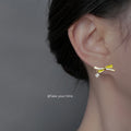 Gold Bow Lime Green Enamel Stud Earrings CZ Dangle Pair view 2
