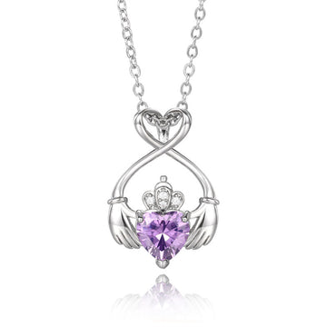 Silver Tone Claddagh Heart Necklace With Purple Heart Stone