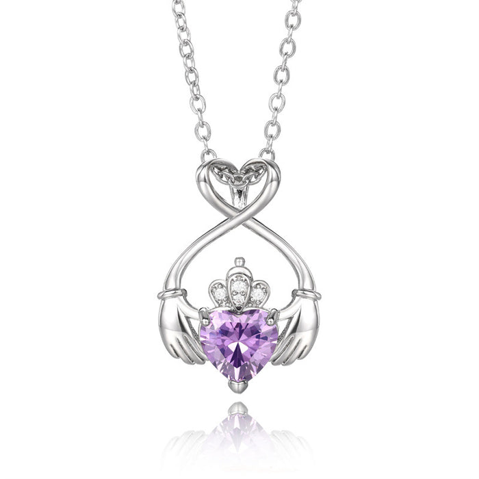 Silver Tone Claddagh Heart Necklace With Purple Heart Stone
