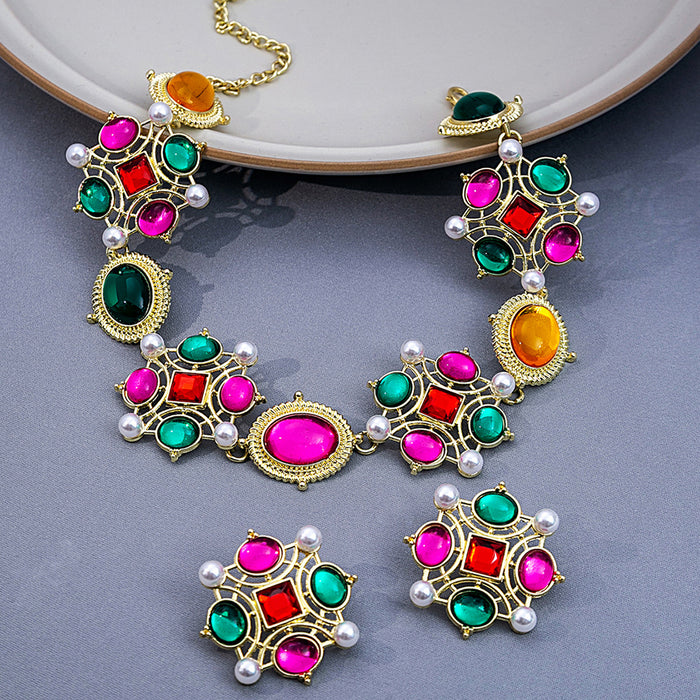Multicolor Ornate Necklace and Stud Earring Jewelry Set