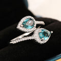 Double Aqua Pear-Shaped Halo Adjustable Bypass Ring In Silver Tone view 3