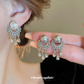 White Pearl Silver Crystal Fringe Statement Stud Earrings view 2