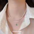 Layered Pearl Necklace with Green Teardrop Pendant view 3